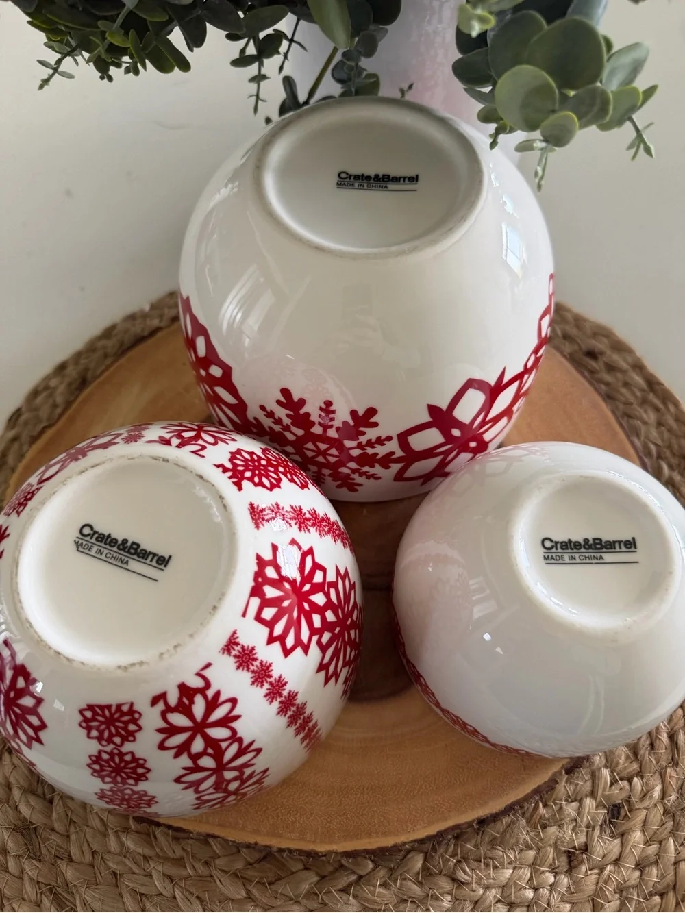 Crate & Barrel Kate Forrester White Ceramic Nesting Bowl Set with Red Snowflakes